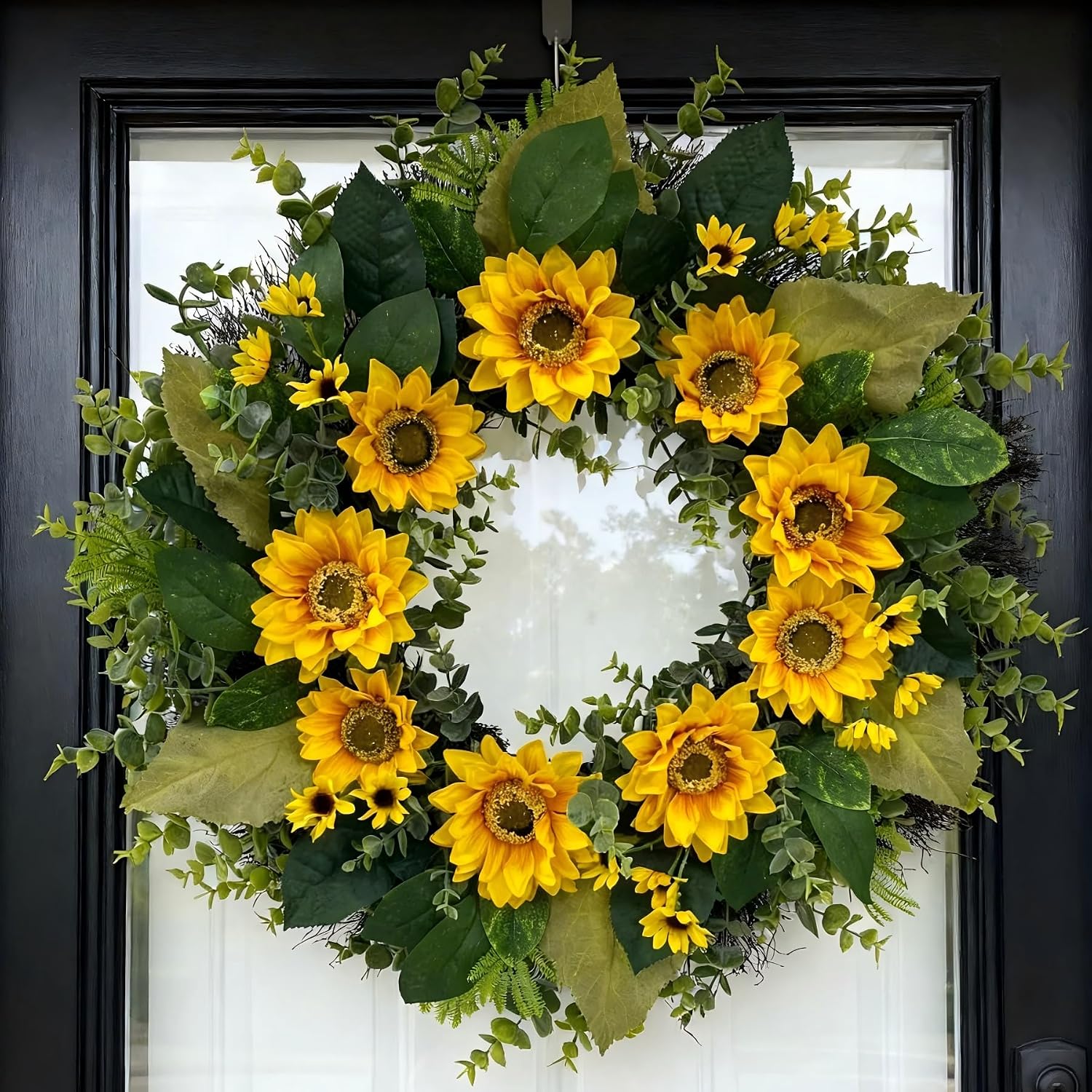 Artificial Sunflower & Lemon Wreath for Front Door – Summer Farmhouse Welcome Wreath with Daisy & Eucalyptus Accents, Year Round Porch Wall Decor - Yellow 24" Sunflower & Eucalyptus Wreath