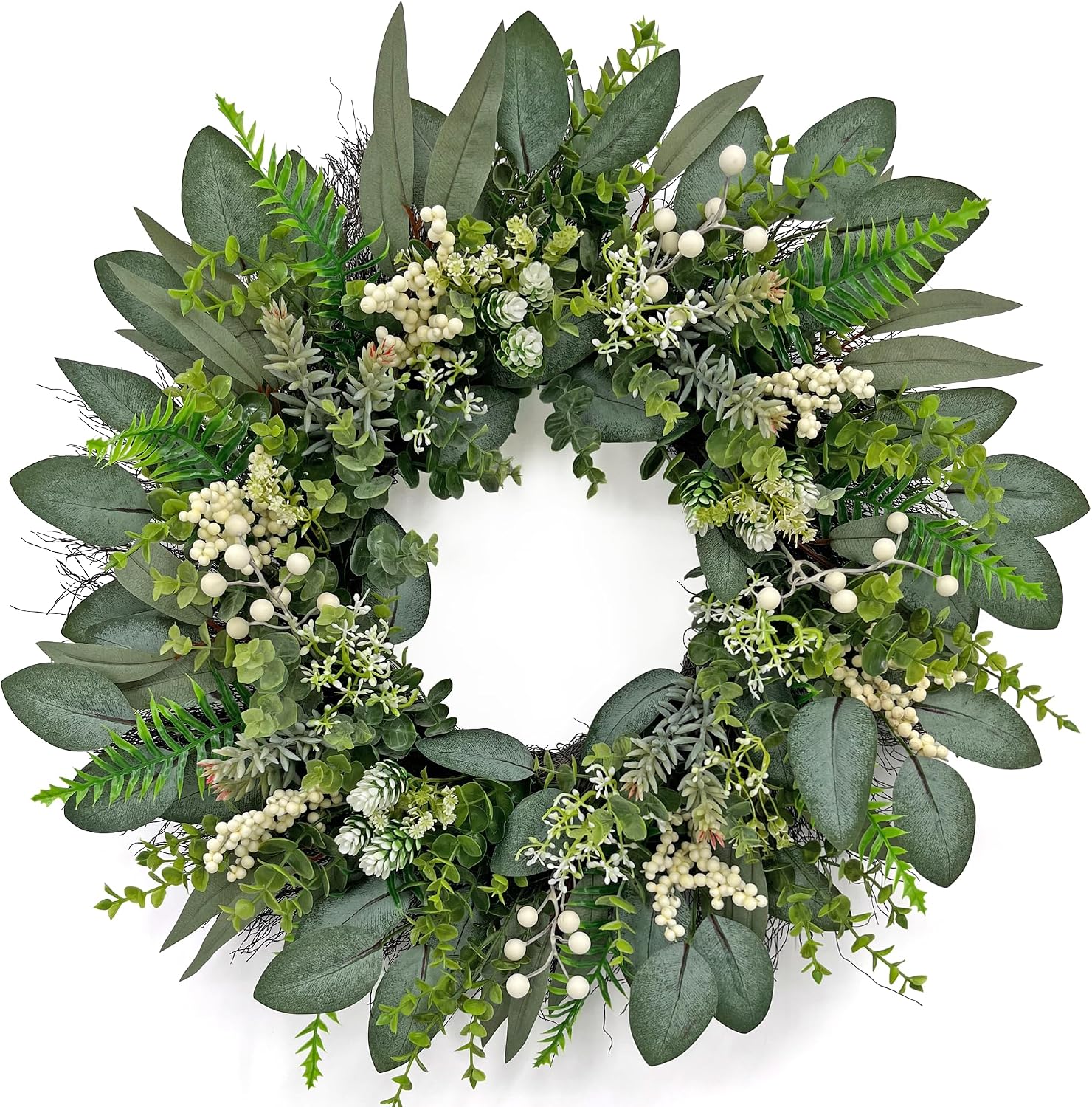 EUCALYPTUS WREATH FOR FRONT DOOR – FARMHOUSE GREENERY DÉCOR - Green 24" Mixed Eucalyptus & White Berry Wreath