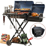 Portable Charcoal Grill with Smoking Function, Foldable Suitcase Design with Wheels, Multi-Tier Storage Rack & Waterproof Cover for Outdoor BBQ Parties