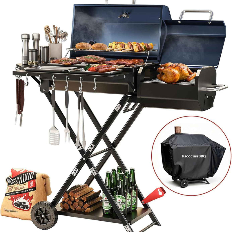 Portable Charcoal Grill with Smoking Function, Foldable Suitcase Design with Wheels, Multi-Tier Storage Rack & Waterproof Cover for Outdoor BBQ Parties