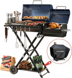 Portable Charcoal Grill with Smoking Function, Foldable Suitcase Design with Wheels, Multi-Tier Storage Rack & Waterproof Cover for Outdoor BBQ Parties