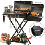 Portable Charcoal Grill with Smoking Function, Foldable Suitcase Design with Wheels, Multi-Tier Storage Rack & Waterproof Cover for Outdoor BBQ Parties