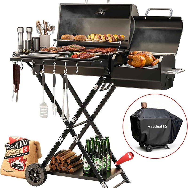 Portable Charcoal Grill with Smoking Function, Foldable Suitcase Design with Wheels, Multi-Tier Storage Rack & Waterproof Cover for Outdoor BBQ Parties
