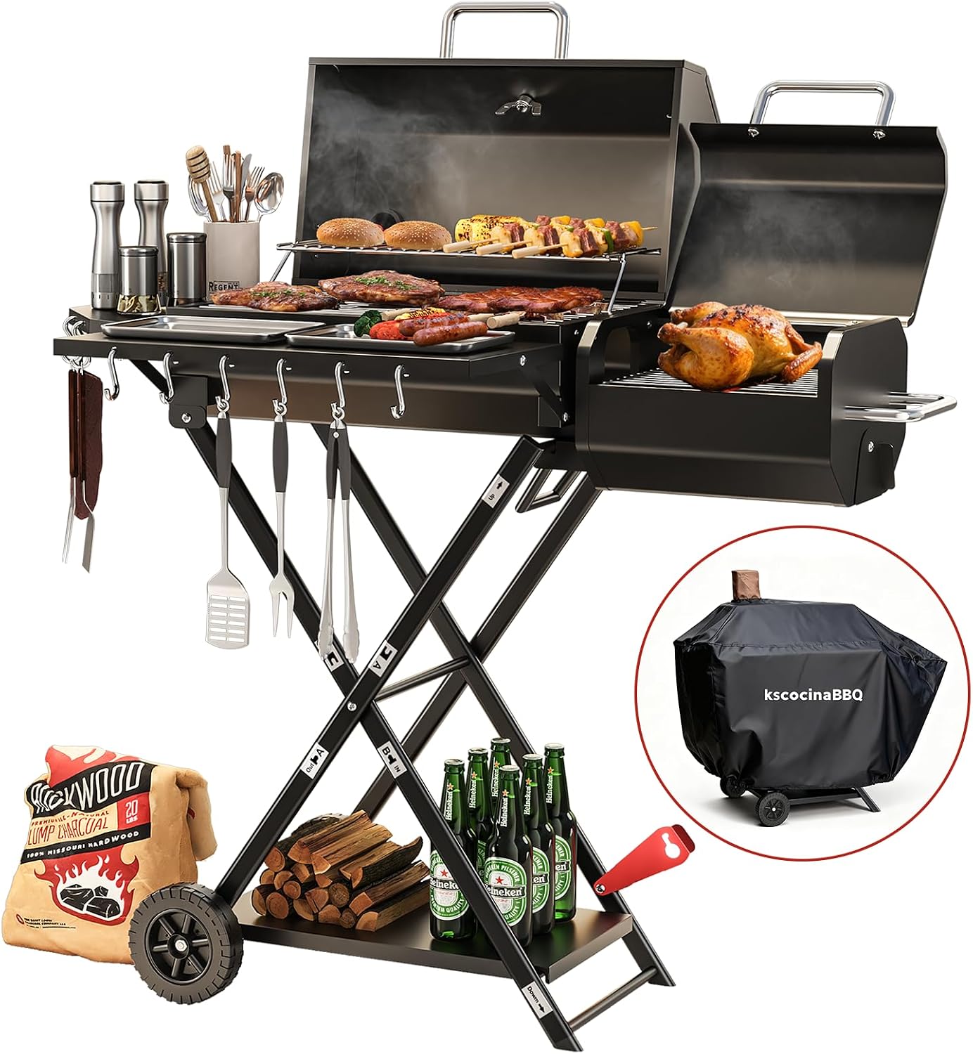 Portable Charcoal Grill with Smoking Function, Foldable Suitcase Design with Wheels, Multi-Tier Storage Rack & Waterproof Cover for Outdoor BBQ Parties - Black Portable Charcoal Grill & Smoker 23"D x 15"W x 11"H