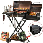 Portable Charcoal Grill with Smoking Function, Foldable Suitcase Design with Wheels, Multi-Tier Storage Rack & Waterproof Cover for Outdoor BBQ Parties