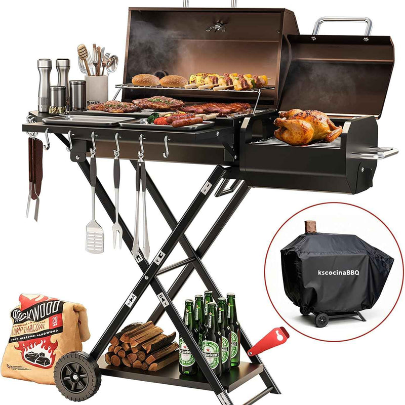 Portable Charcoal Grill with Smoking Function, Foldable Suitcase Design with Wheels, Multi-Tier Storage Rack & Waterproof Cover for Outdoor BBQ Parties
