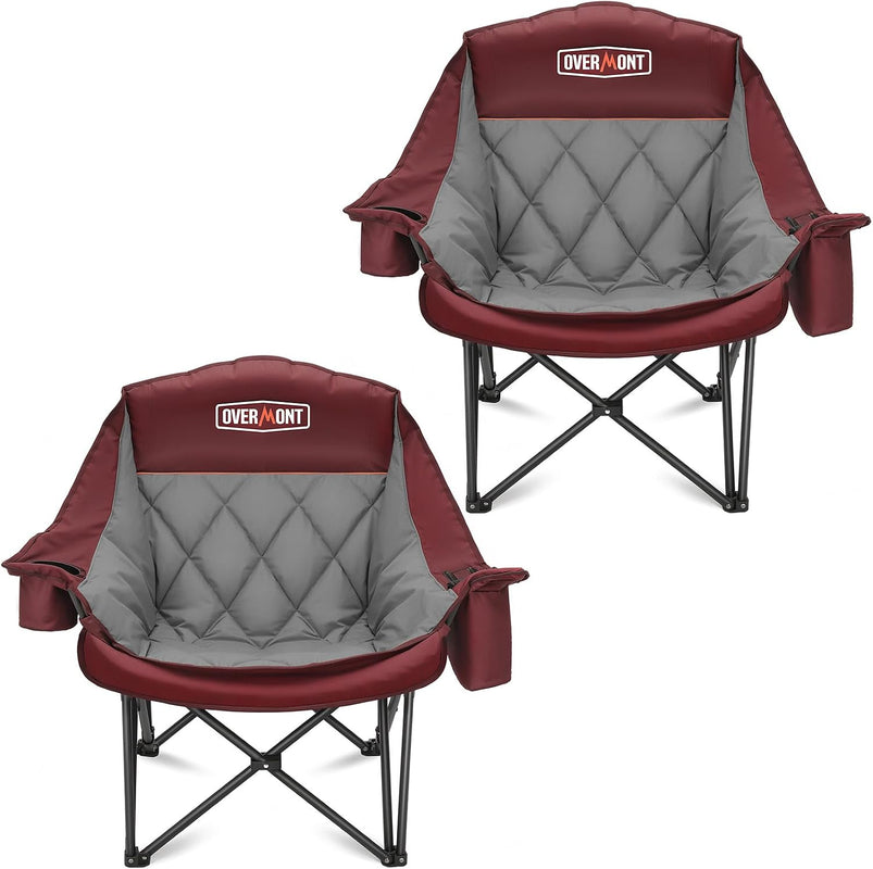 Black oversized folding camping chair with padded quilted seat
