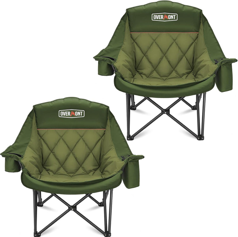 Black oversized folding camping chair with padded quilted seat