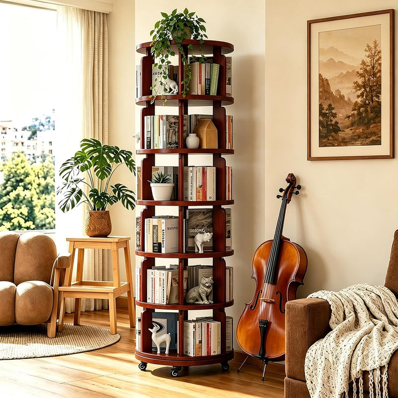 Rotating Bookshelf Tower – 360° Spinning Bookcase | 5 & 6-Tier, Solid Wood & MDF