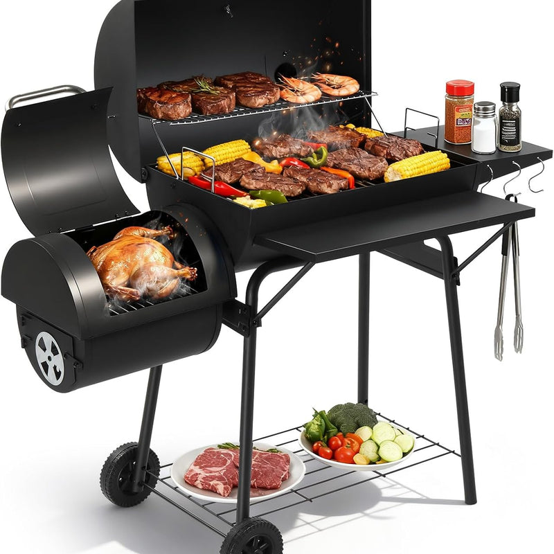 Charcoal Grill & Smoker Collection – Portable Suitcase-Style or Offset Smoker Models with Wheels, Thermometer & Storage Rack
