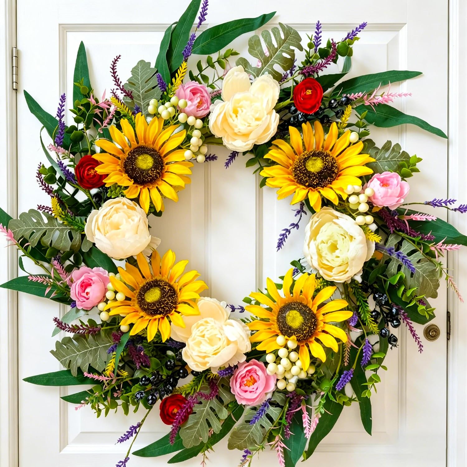 Artificial Sunflower & Lemon Wreath for Front Door – Summer Farmhouse Welcome Wreath with Daisy & Eucalyptus Accents, Year Round Porch Wall Decor - Yellow 24" Sunflower Peony & Rose Spring Wreath