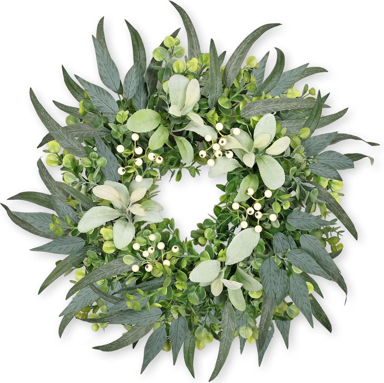 EUCALYPTUS WREATH FOR FRONT DOOR – FARMHOUSE GREENERY DÉCOR - Green 22" Eucalyptus & Lamb’s Ear Wreath