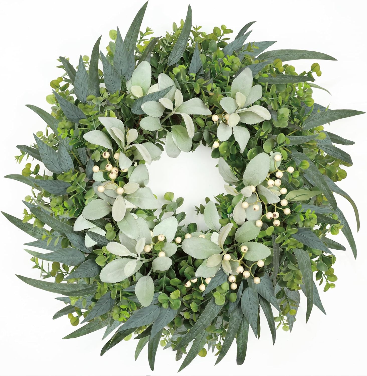EUCALYPTUS WREATH FOR FRONT DOOR – FARMHOUSE GREENERY DÉCOR - Green 26" Eucalyptus & Lamb’s Ear Wreath