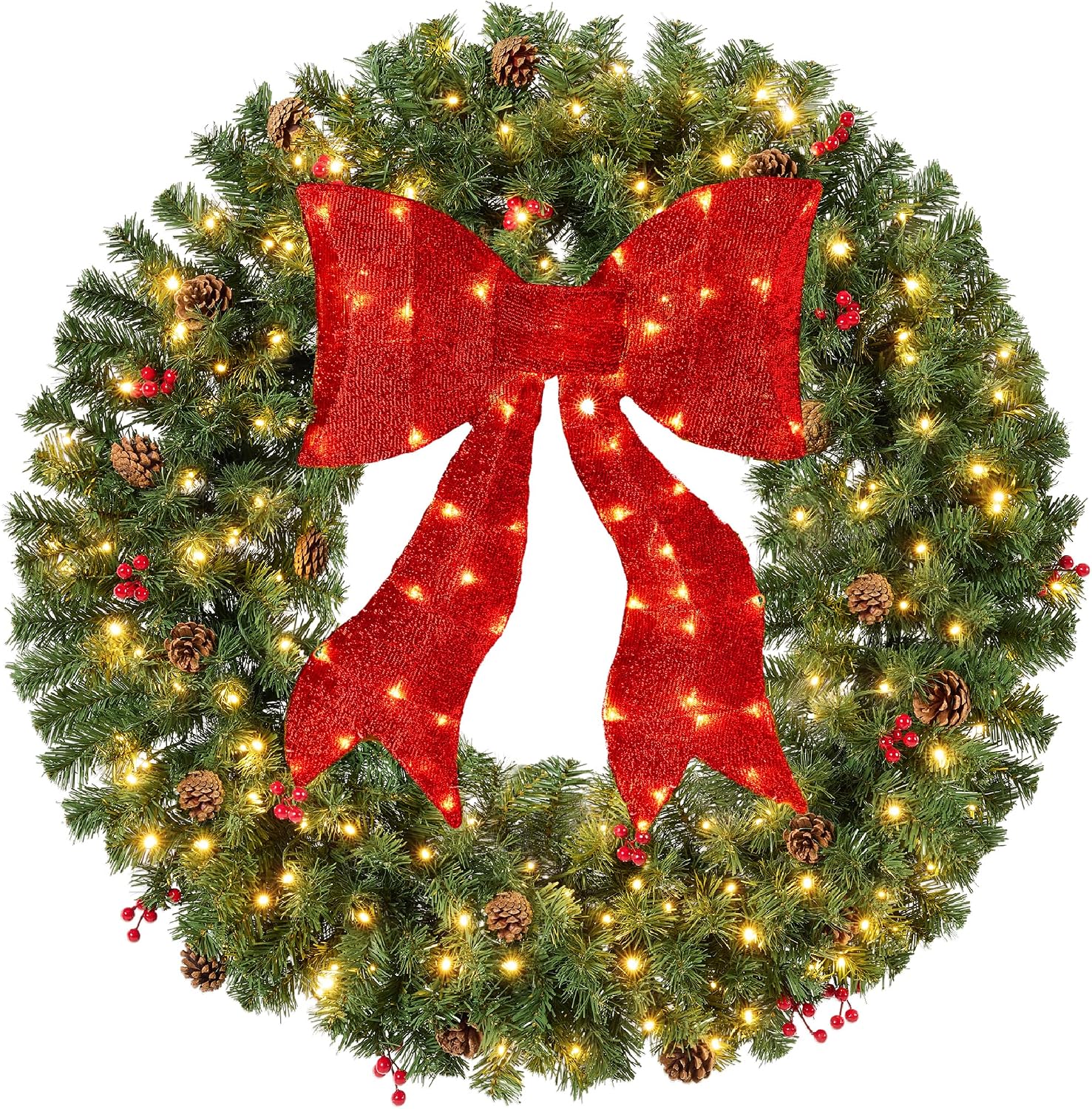 PRE-LIT CHRISTMAS WREATH – WARM LED DOOR DÉCOR - Green Spruce 48" Pre-Lit Christmas Wreath with Pine Cones Berries & Red Bow