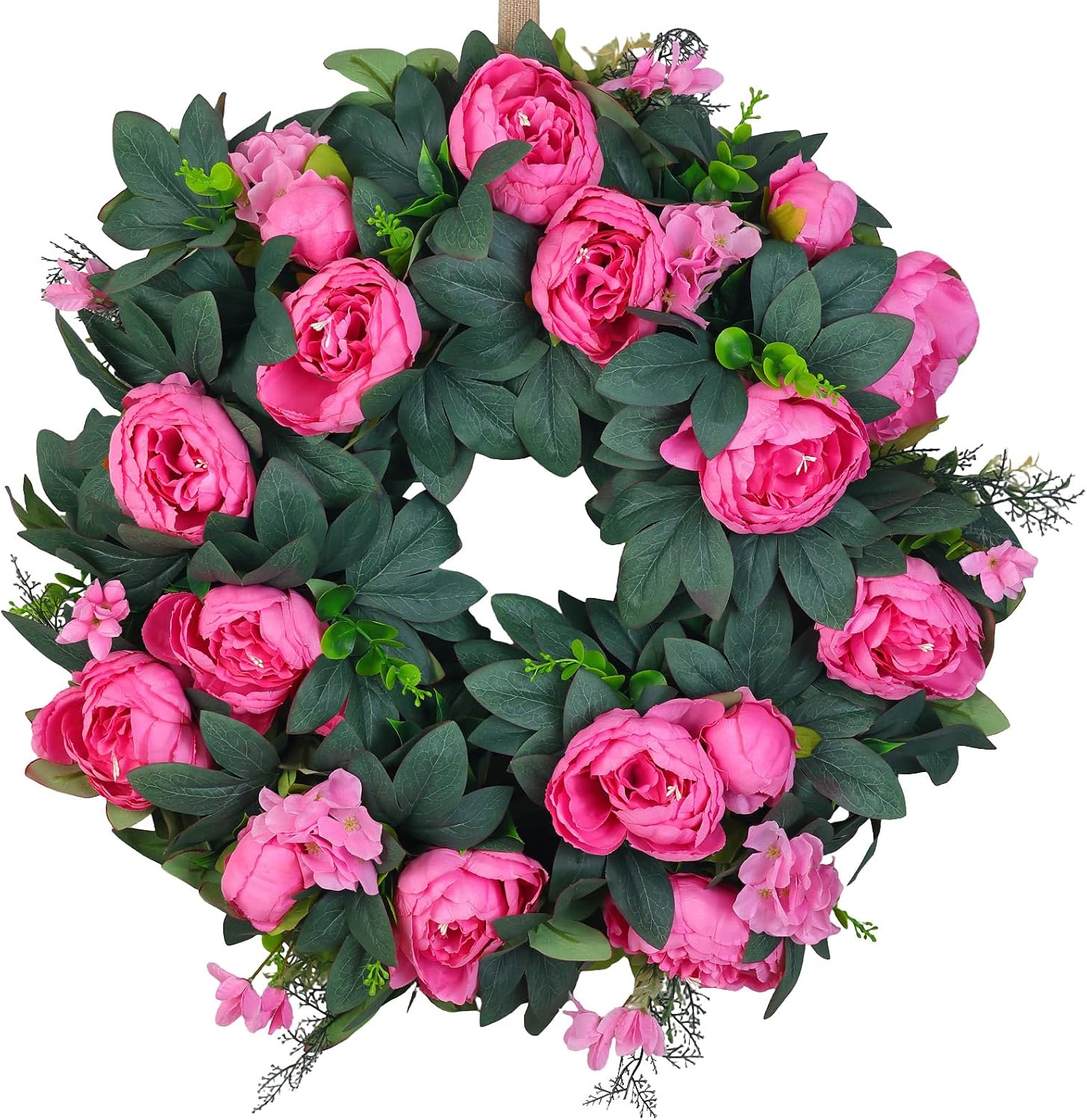 Valentine's Day Wreath for Front Door – Heart Shaped & Traditional Wreath with Red Rose, Berries & Eucalyptus Greenery, Farmhouse Wall Home Porch Decor - Pink 21" Peony Floral Spring Wreath