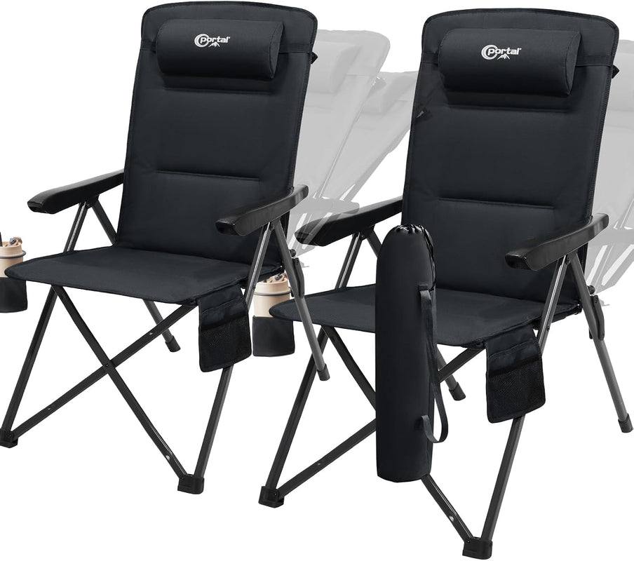 Black reclining camping chair with high back - hard armrests - side pocket - and included carry bag