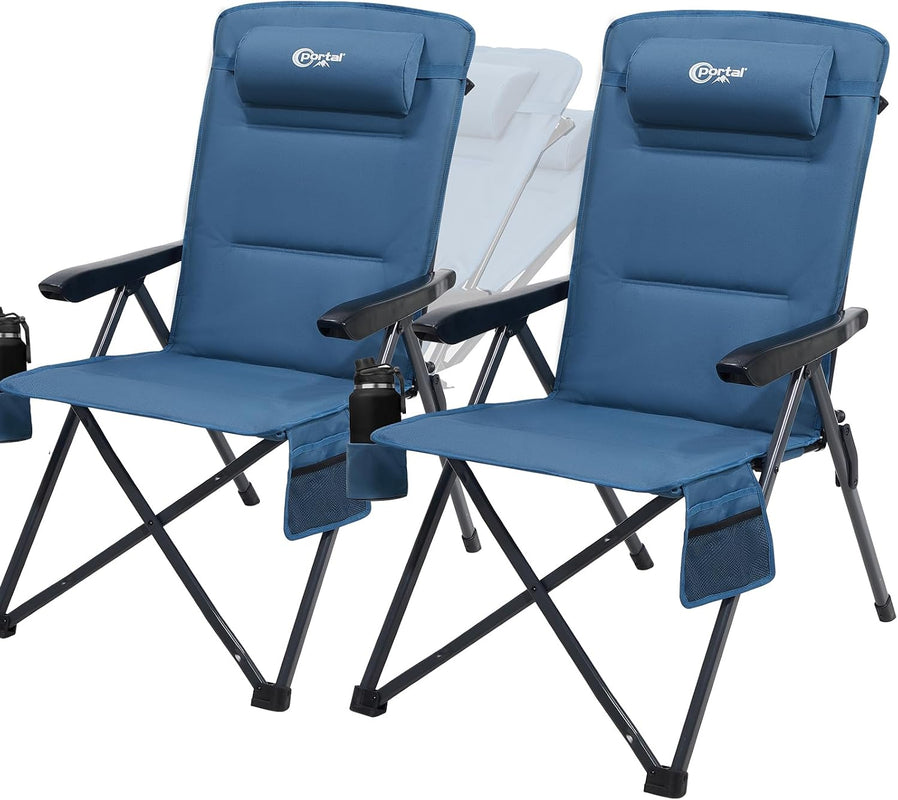 Black reclining camping chair with high back - hard armrests - side pocket - and included carry bag