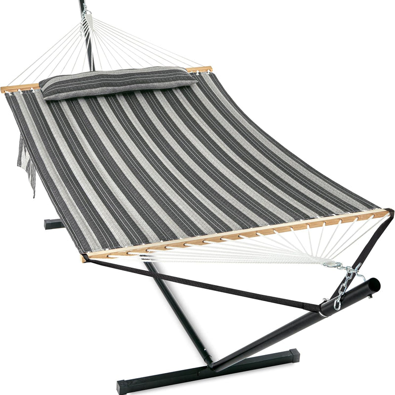 Outdoor Double Hammock with Stand for 2 – Heavy Duty Steel Frame, Pillow Included