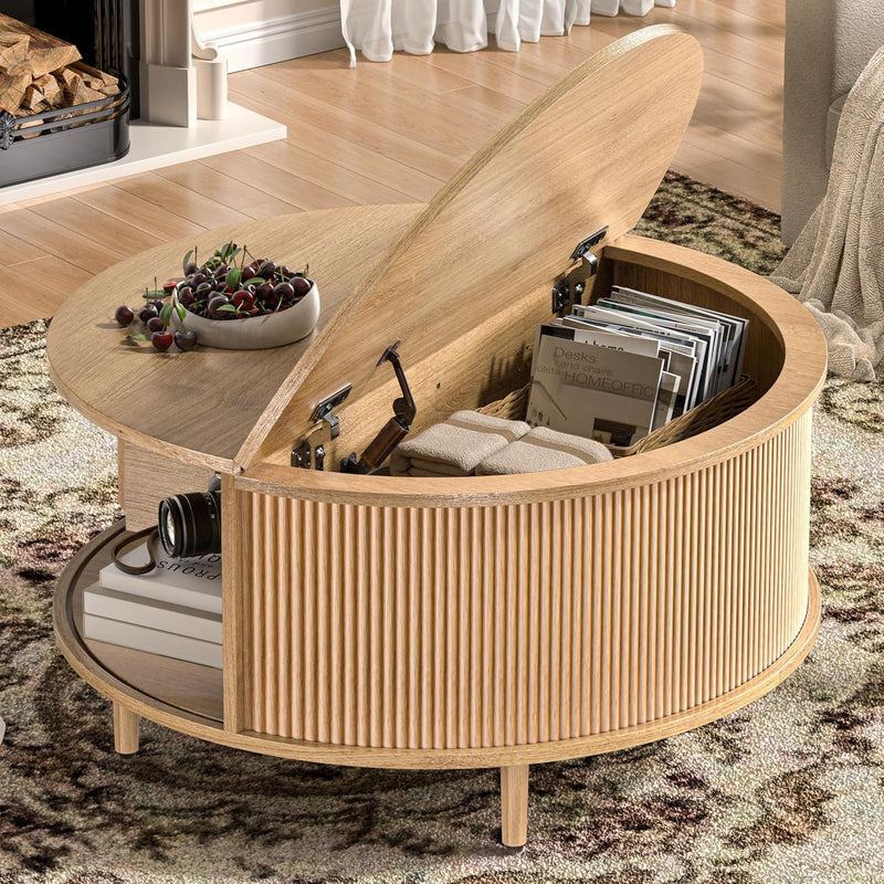 Round Fluted Coffee Table with Flip-Top Storage & Sliding Door