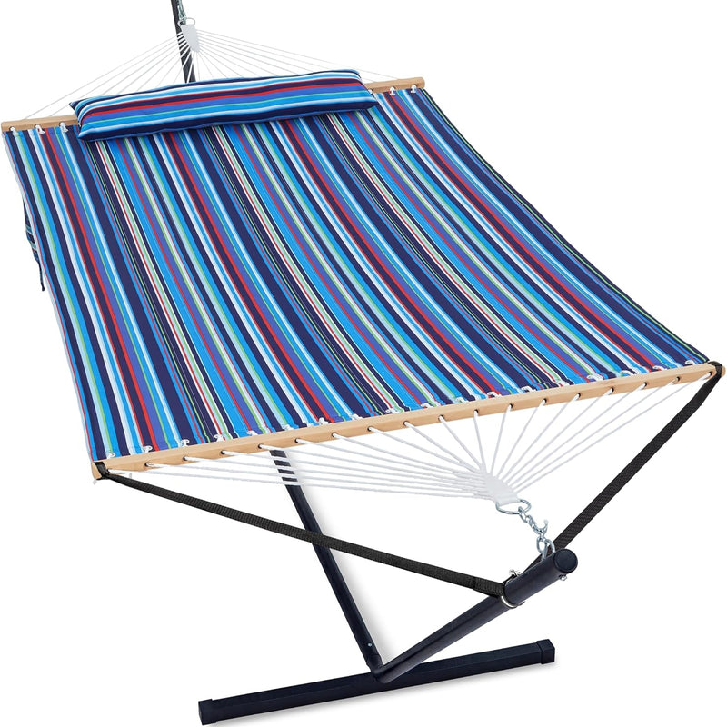 Outdoor Double Hammock with Stand for 2 – Heavy Duty Steel Frame, Pillow Included