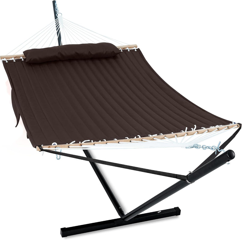Outdoor double hammock with steel stand in Beige- 2-person- 475 lb capacity