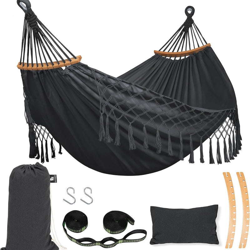 Boho Macrame Double Hammock Swing with Tassels – 2-Person Hanging Hammock Bed for Indoor & Outdoor Relaxation