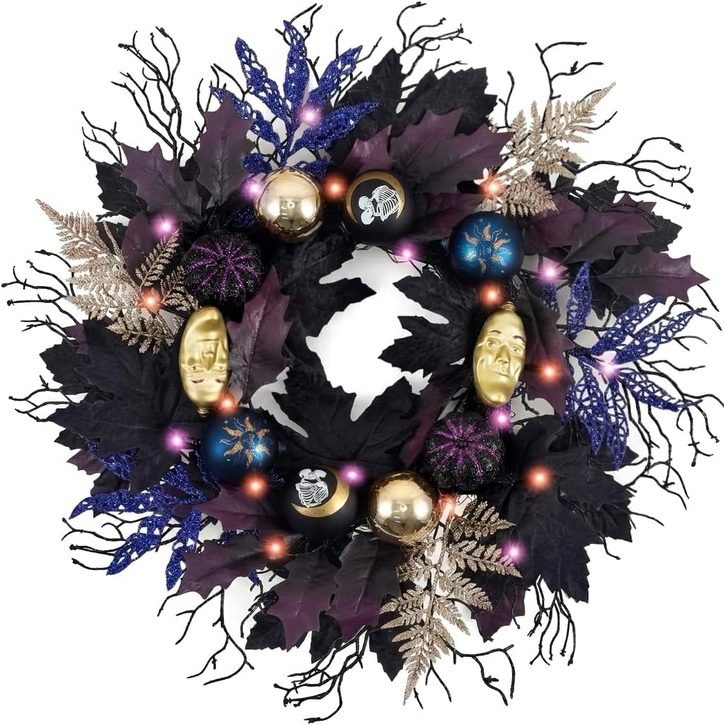 HALLOWEEN WREATH WITH LIGHTS FOR FRONT DOOR – PRE-LIT PUMPKIN, WITCH & GOTHIC PORCH DÉCOR - Black Purple & Gold 18" Lighted Witch Halloween Wreath
