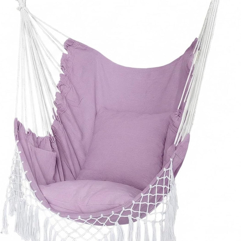 Boho Macrame Hammock Chair with Fringe, 2 Cushions & Side Pocket
