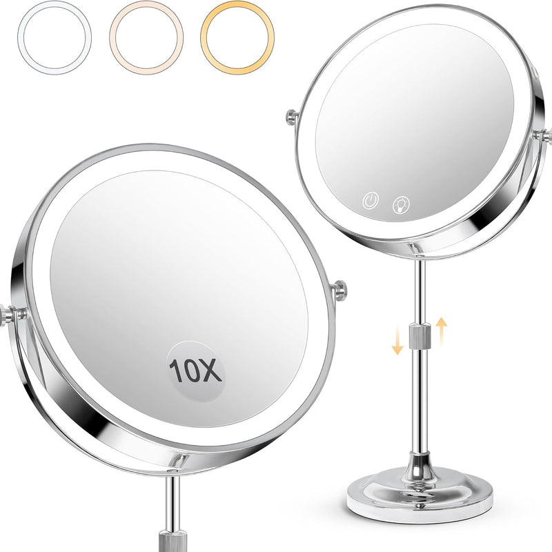 Double-Sided Magnifying Makeup Mirror – LED, Rechargeable, Height-Adjustable