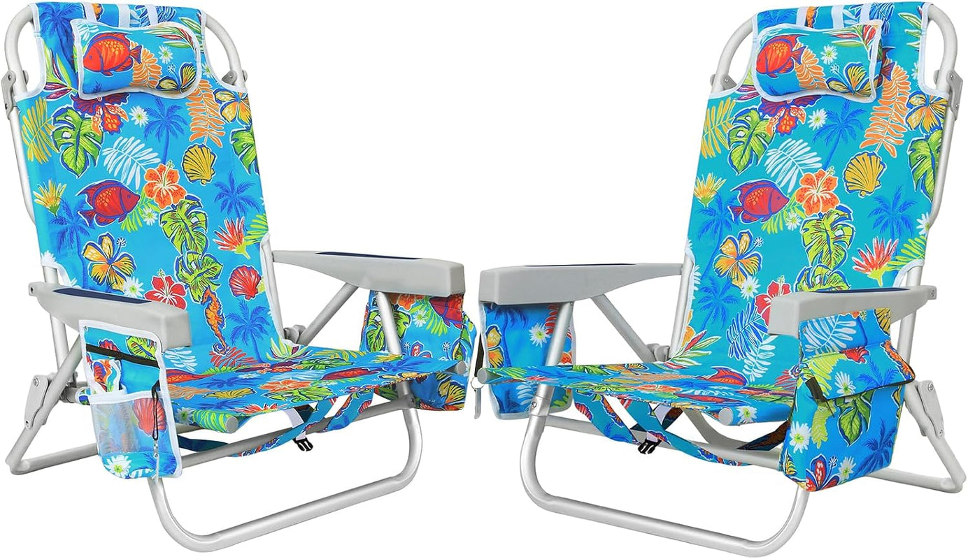Front and back view of the backpack beach chair in light blue stripe - reclined seat with padded headrest gray armrests and buckled backpack straps