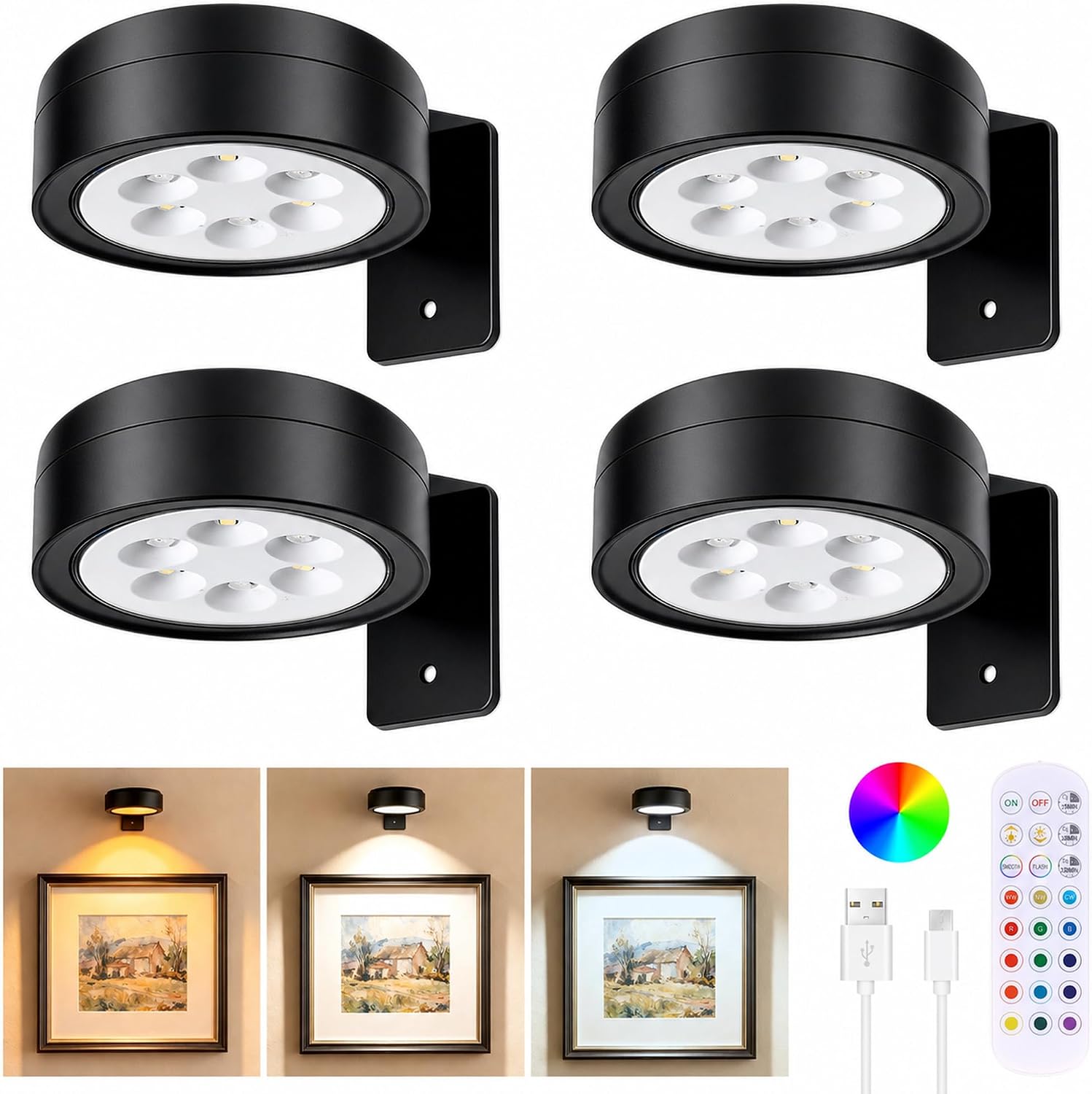 Picture Lights for Wall, Rechargeable Battery Operated LED Gallery Light Bar with Remote & Timer, Dimmable Wireless Wall Sconce for Paintings & Frames - Black 4-Pack RGB Rechargeable Picture Lights