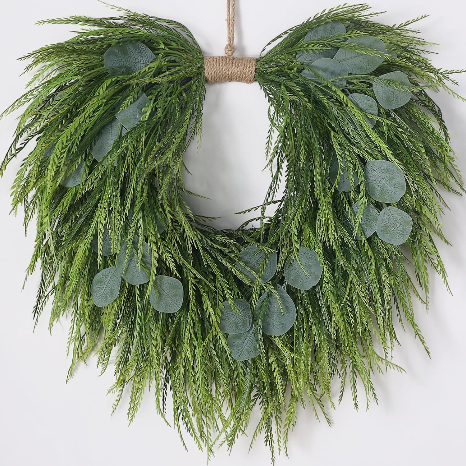 Valentine's Day Wreath for Front Door – Heart Shaped & Traditional Wreath with Red Rose, Berries & Eucalyptus Greenery, Farmhouse Wall Home Porch Decor - Green 22" Heart-Shaped Eucalyptus & Saw Grass Wreath