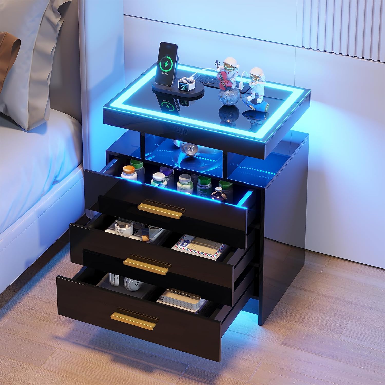 NIGHTSTAND WITH CHARGING STATION – LED, USB-C & DRAWERS - Black 3-Drawer Smart LED Nightstand