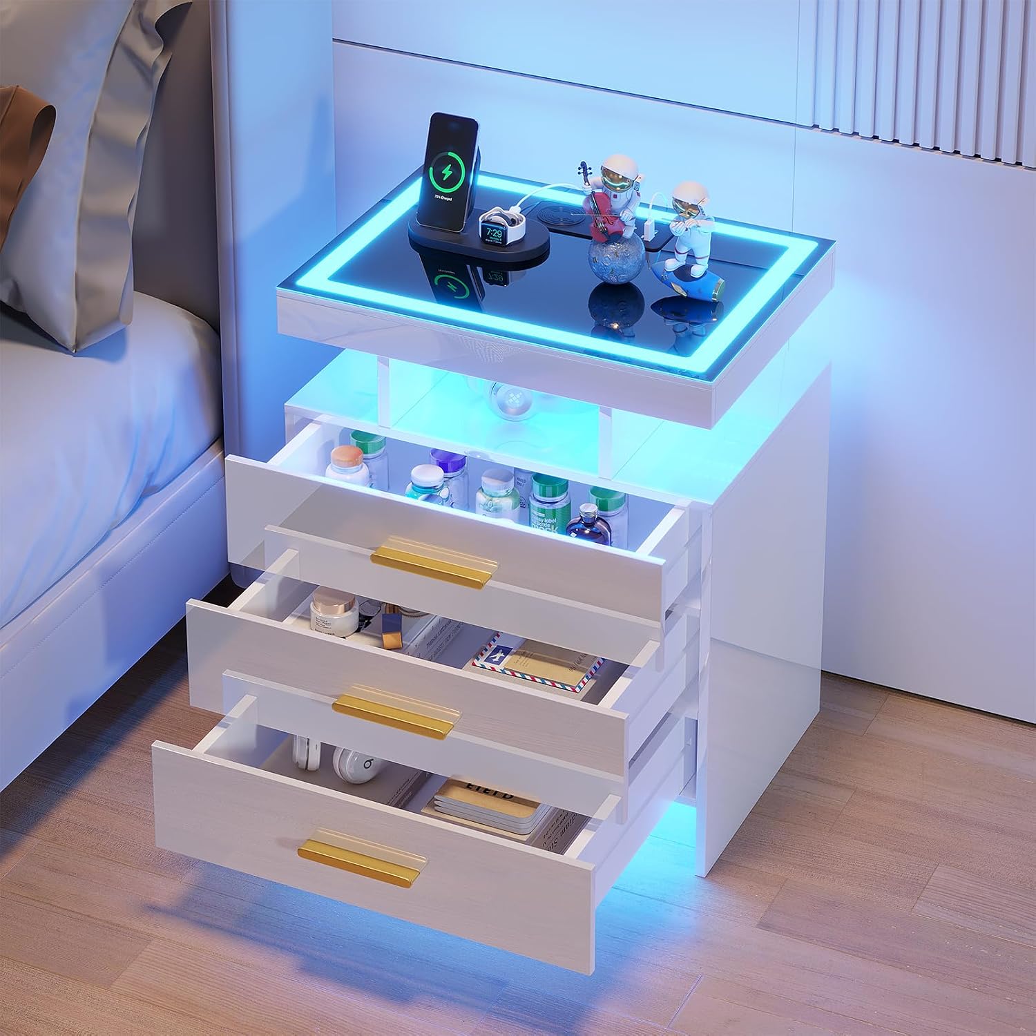 NIGHTSTAND WITH CHARGING STATION – LED, USB-C & DRAWERS - White 3-Drawer Smart LED Nightstand