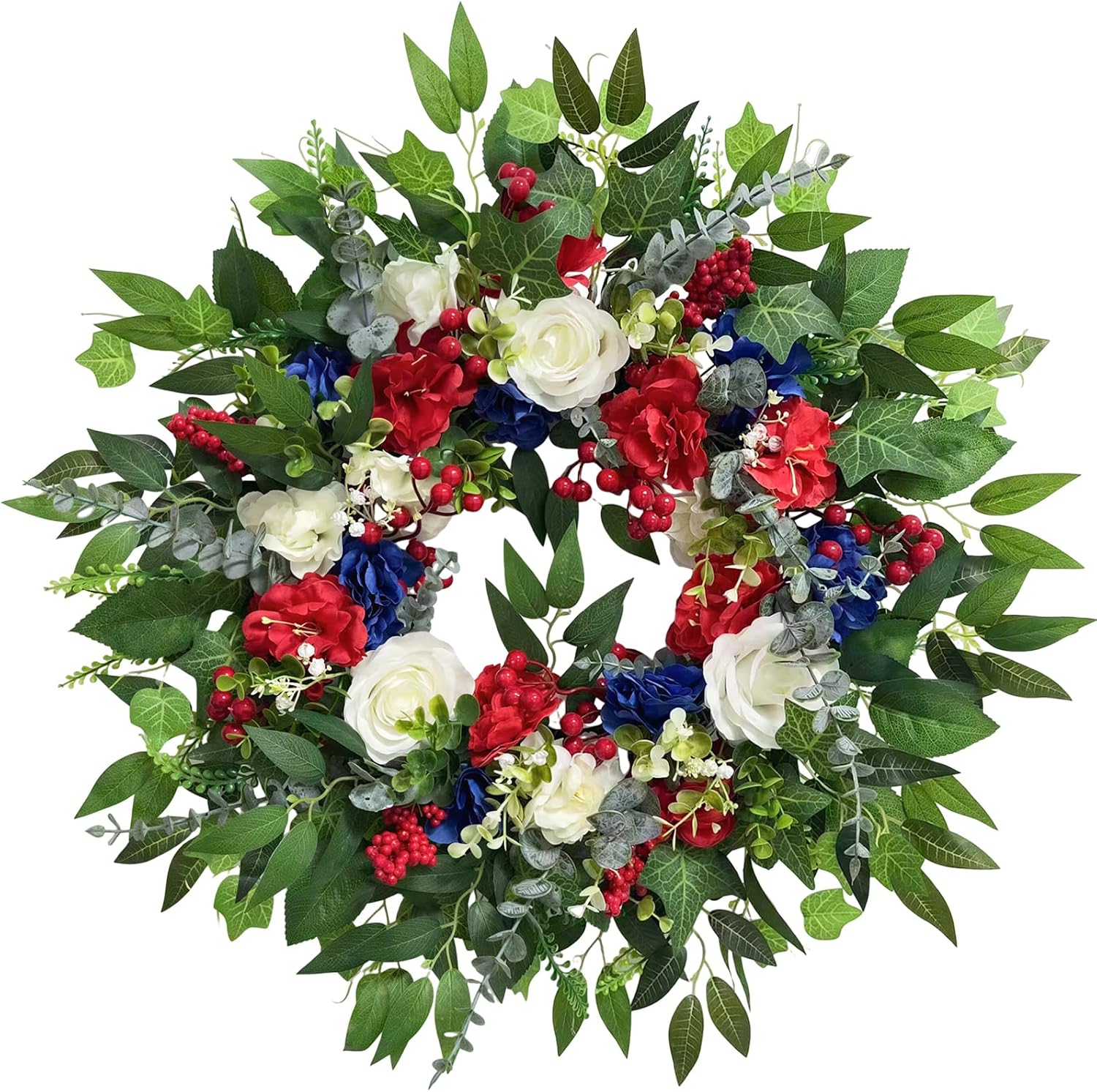 4TH OF JULY WREATH FOR FRONT DOOR – RED, WHITE & BLUE PATRIOTIC DÉCOR - Red & White & Blue 24" Patriotic Floral Wreath