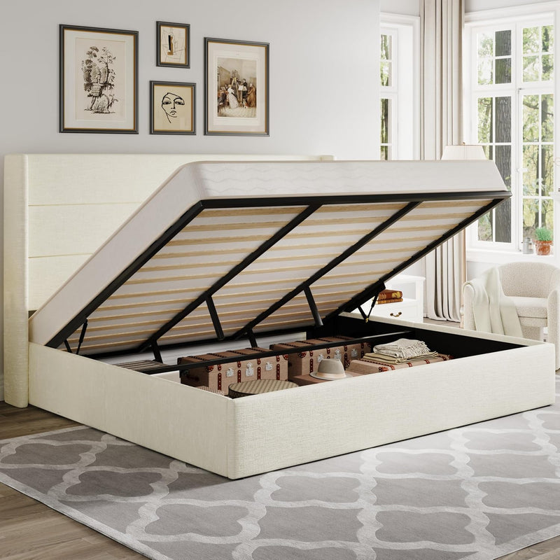Lift-Up Storage Bed Frame with Upholstered Wingback Headboard