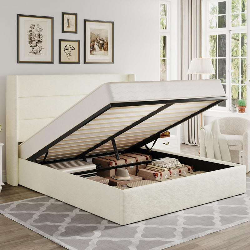 Lift-Up Storage Bed Frame with Upholstered Wingback Headboard
