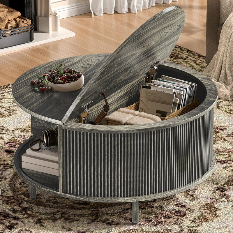 Round Fluted Coffee Table with Flip-Top Storage & Sliding Door