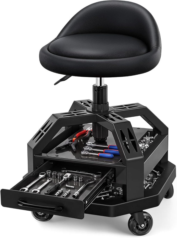 Rolling Mechanic Stool – Adjustable Garage Seat with Backrest, 360° Swivel & Tool Tray - Black 330 lbs with Drawer