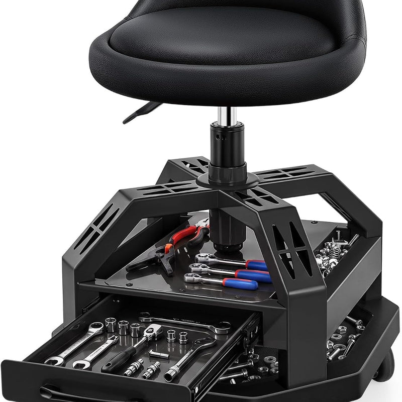 Rolling Mechanic Stool – Adjustable Garage Seat with Backrest, 360° Swivel & Tool Tray