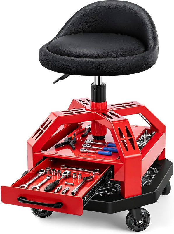 Rolling Mechanic Stool – Adjustable Garage Seat with Backrest, 360° Swivel & Tool Tray - Red 330 lbs with Drawer