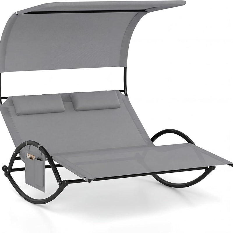 Outdoor Chaise Lounger with Canopy – Single & Double 2-Person Patio Sun Lounger with Cushions & Headrest