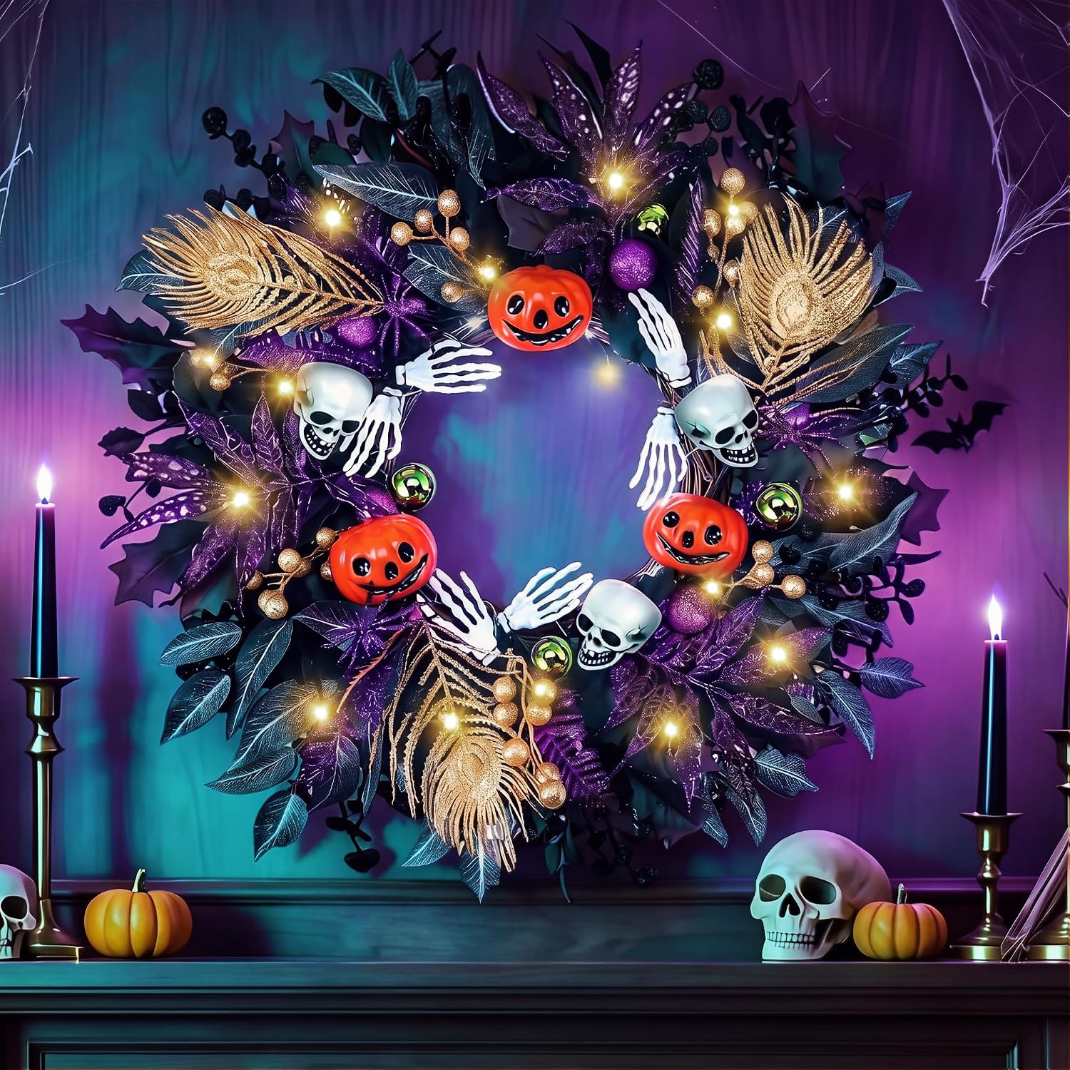 HALLOWEEN WREATH WITH LIGHTS FOR FRONT DOOR – PRE-LIT PUMPKIN, WITCH & GOTHIC PORCH DÉCOR - Black Purple & Gold 24" Lighted Gothic Halloween Wreath