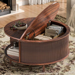 Round Fluted Coffee Table with Flip-Top Storage & Sliding Door