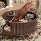 Round Fluted Coffee Table with Flip-Top Storage & Sliding Door