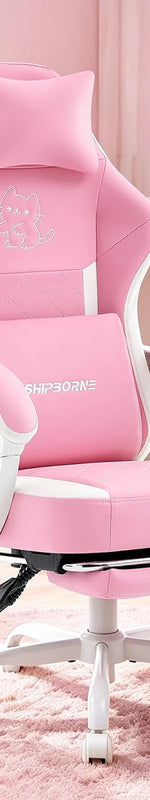 Pink and white ergonomic gaming chair with extended footrest and chrome base - Cat Embroidery – Pink