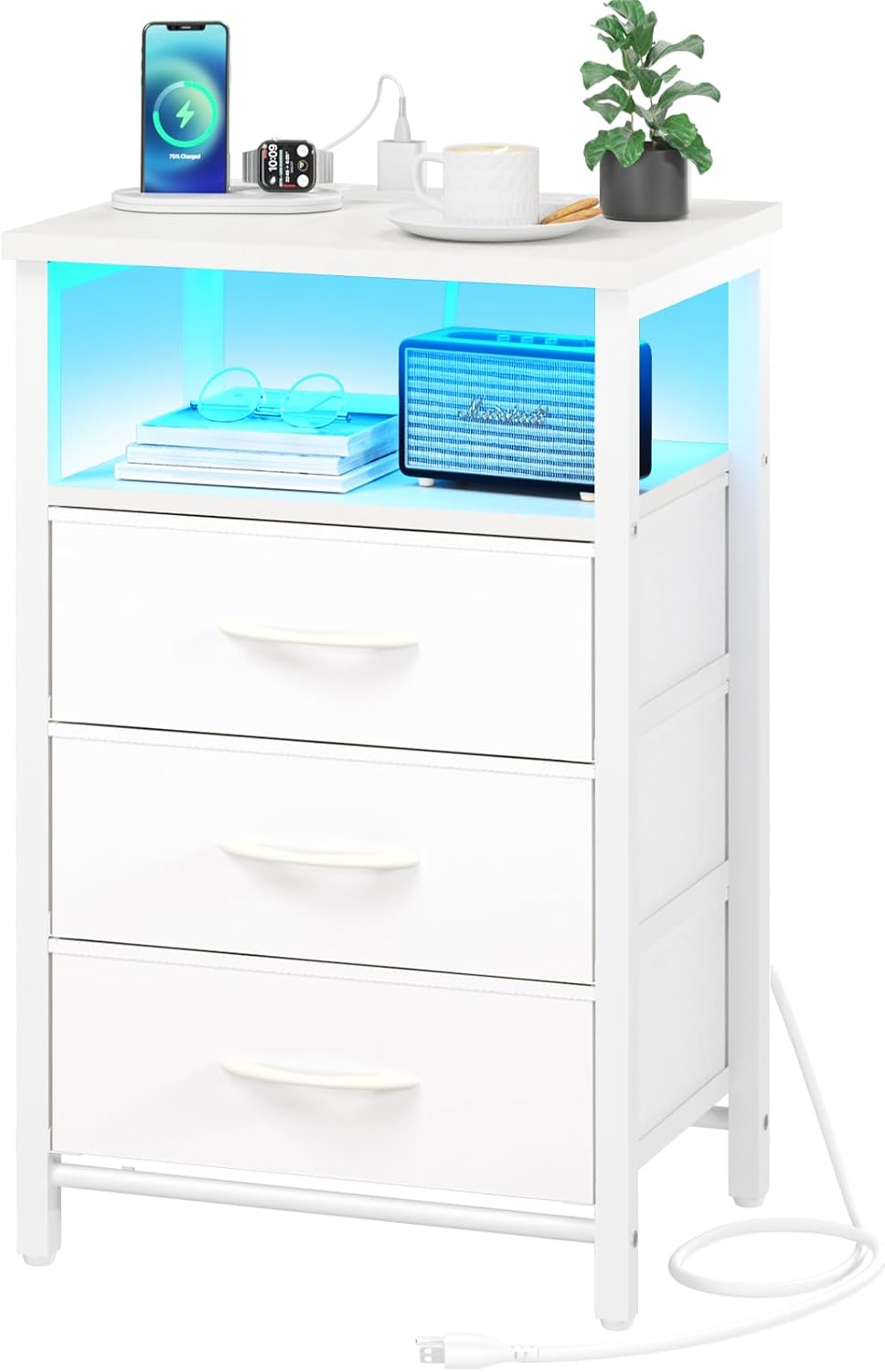 LED NIGHTSTAND WITH CHARGING STATION – TALL BEDSIDE TABLE WITH STORAGE DRAWERS - White 3-Drawer RGB LED Nightstand with Charging Station