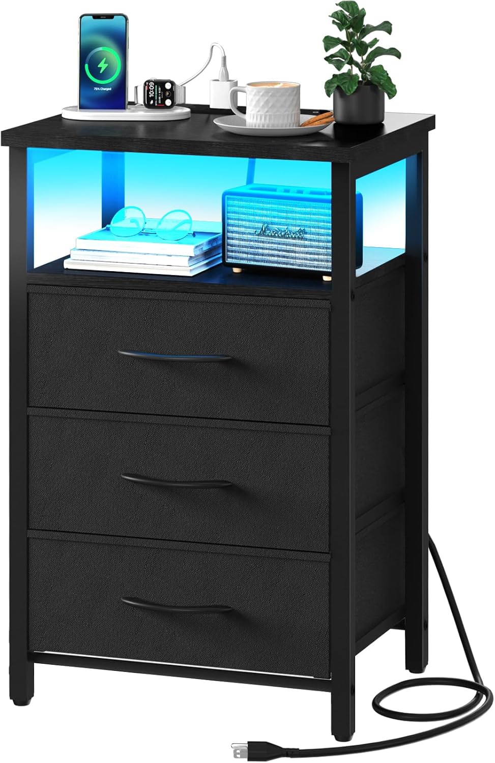 LED NIGHTSTAND WITH CHARGING STATION – TALL BEDSIDE TABLE WITH STORAGE DRAWERS - Black 3-Drawer RGB LED Nightstand with Charging Station