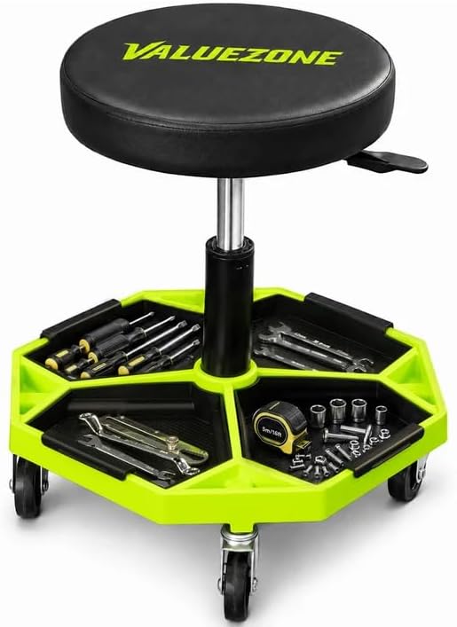 red-black-pneumatic-mechanic-stool-front-view.png | Red and black pneumatic mechanic stool shown from a front angle with padded seat and tool tray mechanic-stool-in-use-brake-repair.png | Mechanic seated on a red and black rolling stool while working on a car's brake rotor in a garage mechanic-stool-dimensions-weight-capacity-chart.jpg | Diagram showing the mechanic stool's seat size