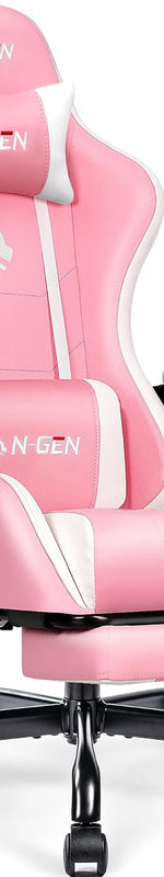 Pink and white ergonomic gaming chair with extended footrest and chrome base - Reclining Footrest – Pink/White